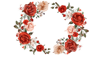 Top view of round floral frame made with red rose petals. Generative Ai