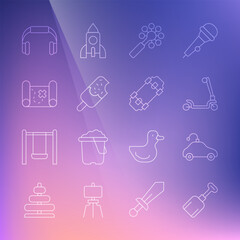 Set line Shovel toy, Radio controlled car, Roller scooter, Rattle baby, Ice cream, Pirate treasure map, Headphones and Skateboard icon. Vector