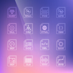 Set line SVG file document, RAW, CSS, PNG, OBJ, DLL, RUBY and HTML icon. Vector