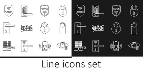Set line Invisible or hide, Please do not disturb, Shield with VPN wireless, microchip circuit, Door handle, Castle in the shape of heart and Digital door lock icon. Vector