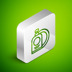 Isometric line Dishwashing liquid bottle and plate icon isolated on green background. Liquid detergent for washing dishes. Silver square button. Vector Illustration