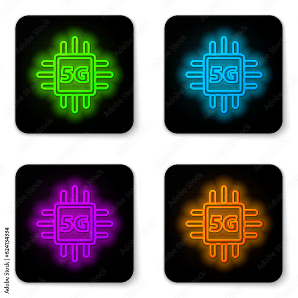 Poster glowing neon line computer processor 5g with microcircuits cpu icon isolated on white background. ch