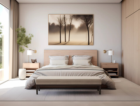 Minimalist modern interior of a bedroom. Created with generative AI