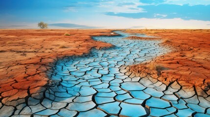 Drought and climate change concept. Cracked ground in a dry river bed. Generated with the use of an AI.