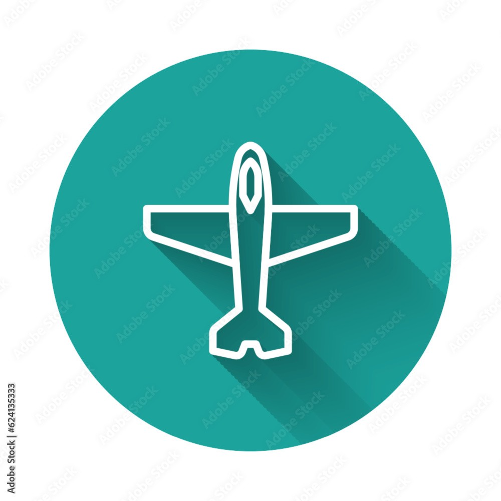 Wall mural White line Plane icon isolated with long shadow background. Flying airplane icon. Airliner sign. Green circle button. Vector