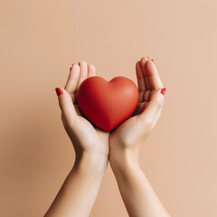 Fototapeta premium Woman hands holding red heart, Happiness moment, Health care, donate and family insurance concept, World heart day, world health day, Hope, Gratitude, Kindness, Valentine's Day. Generative AI.