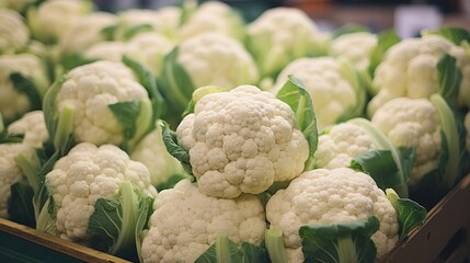 Cauliflower in the grocery store close view. Created with Generative Ai technology.