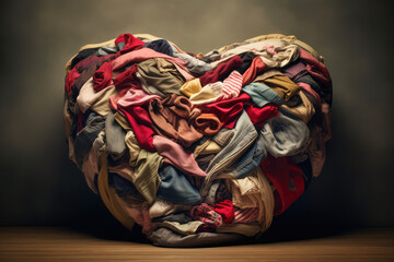 Pile of clothes laid out in shape of heart, a symbol of love. Creative concept of recycling old clothes, reuse and environmental friendliness, reasonable consumption. Generative AI photo imitation.