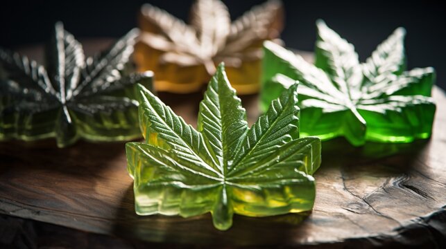 Cannabis shape edibles, medical marijuana, CBD CBG infused gummies and edible pot concept theme with close up on dark background with copy space.