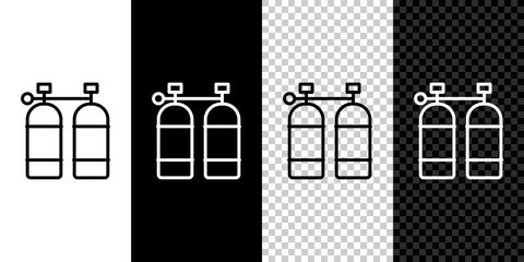 Set line Aqualung icon isolated on black and white, transparent background. Oxygen tank for diver. Diving equipment. Extreme sport. Diving underwater equipment. Vector - obrazy, fototapety, plakaty