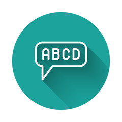 White line Alphabet icon isolated with long shadow background. Green circle button. Vector