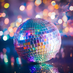 Obraz premium Colorful disco ball with shimmering mosaic tiles reflecting vibrant lights, creating a lively party atmosphere perfect for dance floors, celebrations, nightlife events, and festive entertainment. 
