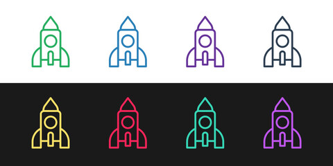 Set line Rocket ship toy icon isolated on black and white background. Space travel. Vector