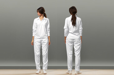 Set of Sleepwear Pajamas shirt, pants technical fashion illustration with full length, normal waist, pockets, button closure, long sleeves. Flat front and back. Women, men unisex .