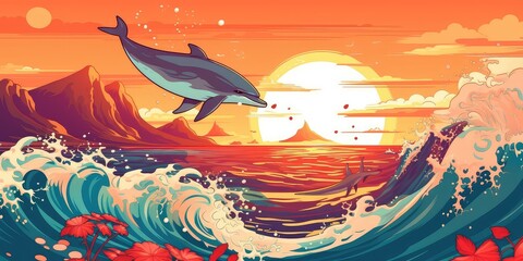 Fototapeta na wymiar Generative AI. Vector illustration of the sea and dolphin at sunset. Holiday concept. 