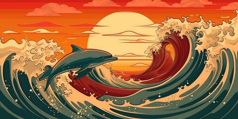 Generative AI. Vector illustration of the sea and dolphin at sunset. Holiday concept. 