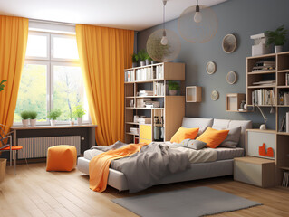 Stylish teenagers room interior with comfortable bed, AI Generation
