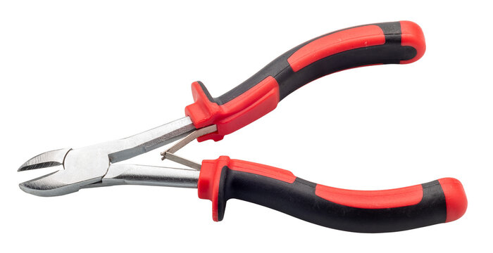 Wire cutter pliers with red and black handles isolated