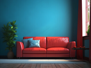 the interior of the living room with a red sofa bright blue wall, AI Generation