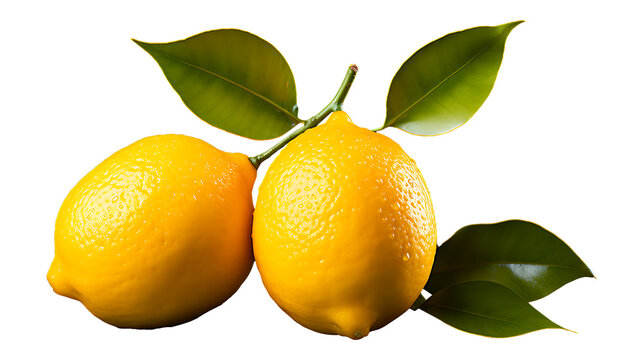 Fresh organic two lemon fruits with leaves illustration transparent background
