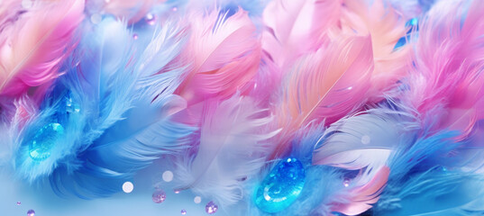 Art abstract background festive celebratory. Drop water, sequins and stars on feather blue and pink colors