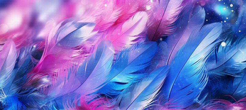Art abstract background festive celebratory. Drop water, sequins and stars on feather blue and pink colors © MUS_GRAPHIC