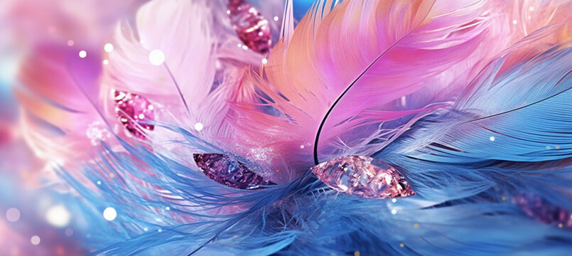 Art abstract background festive celebratory. Drop water, sequins and stars on feather blue and pink colors
