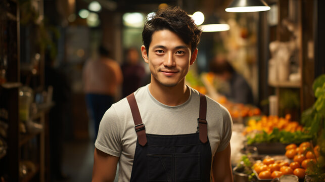 Portrait Of Asian Young Male Cafe Or Restaurant Owner With Smile