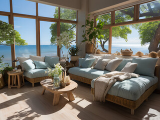 Fototapeta premium interior of a country house with a view of the beach, AI Generation