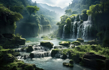 Bello paisaje con gran vegetacion verde, niebla  y cascadas. ilustracion de IA generativa