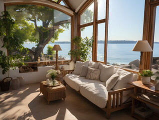 Obraz premium interior of a country house with a view of the beach, AI Generation