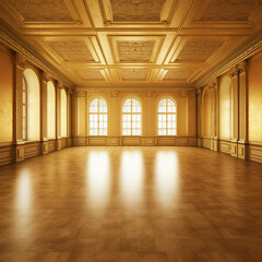 Empty golden room, room with golden walls, floor and ceiling without furniture, ceremonial hall, generative ai