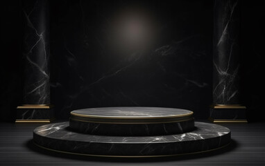Black marble showcase product background stand or podium pedestal on dark display