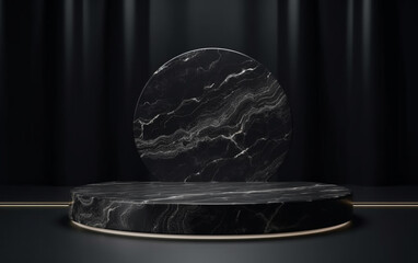 Black marble showcase product background stand or podium pedestal on dark display