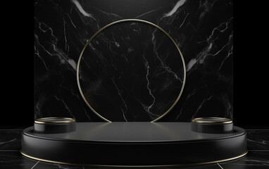 Black marble showcase product background stand or podium pedestal on dark display
