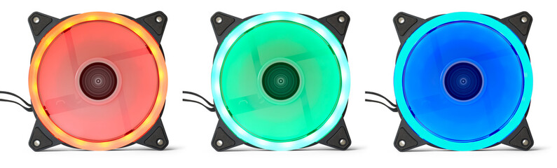 colorful computer cooling fans isolated on white background, three rgb pc case fan cooler, red...