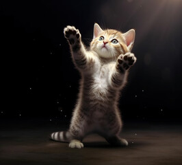 Fototapeta premium Portrait of a beautiful kitten standing tall on the floor dark brown background colours 
