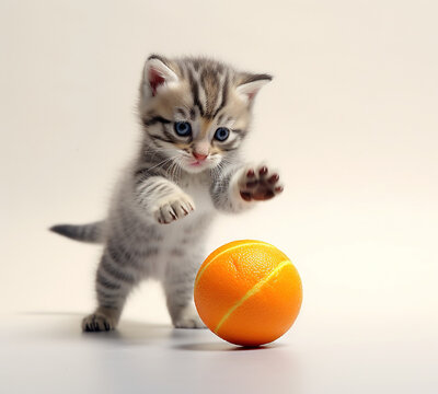 Shorthair kitten striped fluffy gray playing with orange ball ,standing up white background . looking young and adorable 