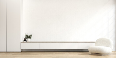 Cabinet japanese design and armchair on living room zen style empty wall background.