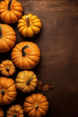 Vertical background with copy space, pumpkins, flatlay. AI generative.