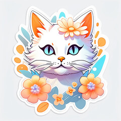 Fototapeta premium Whimsical Studio Ghibli-style sticker with a vivid cute kitten head amidst fantasy flowers. Retro and dreamy design.