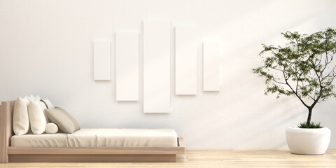 Fototapeta na wymiar Bedroom japanese minimal style.,Modern white, room minimalist.