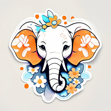 Whimsical Studio Ghibli-style sticker with a vivid cute elephant head amidst fantasy flowers. Retro and dreamy design.