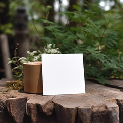 White card on a wooden slab, outdoor, mood, mockup, fresh,