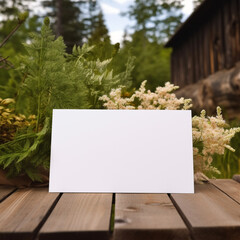 White card on a wooden slab, outdoor, mood, mockup, fresh,
