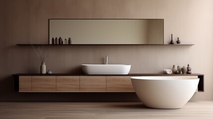 Fototapeta na wymiar Minimalist interior design of modern bathroom with wooden panel and wall mounted vanity generative ai