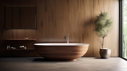 Obraz na płótnie Canvas Minimalist interior design of modern bathroom with wooden panel and wall mounted vanity generative ai