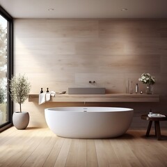 Naklejka na ściany i meble Minimalist interior design of modern bathroom with wooden panel and wall mounted vanity generative ai