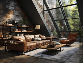 Modern interior of a living room. Penthouse Loft with dark stone walls, AI Generation