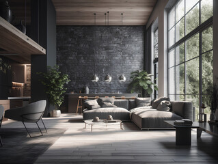 Modern interior of a living room. Penthouse Loft with dark stone walls, AI Generation
